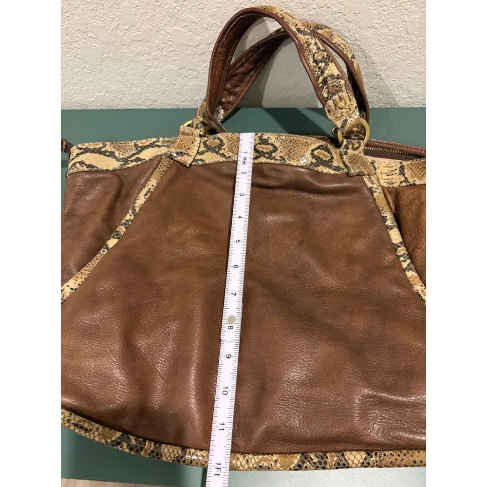Kesslord Paris Brown Leather Snakeskin Trim Satchel Hobo Bag Brass Hardware
